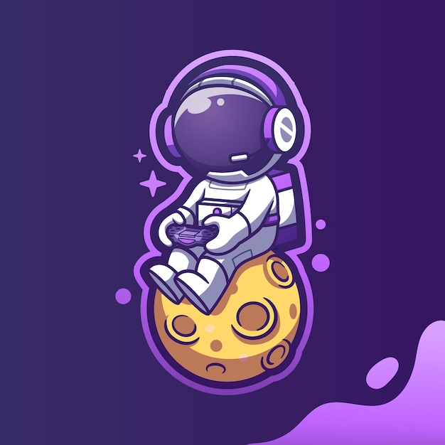 Vettore tampilan simpatico astronauta mascotte giocare ai videogiochi mentre si è seduti sulla luna cartoon vector icon illustration spaceman mascot cartoon character flat cartoon style sticker and card