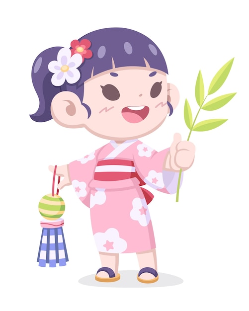 Vector tanabata festival, cute style japanese girl in traditional kimono dress cartoon illustration