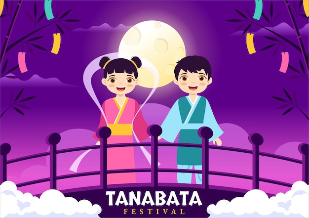 Tanabata Festival Illustration with People Wearing Kimono and Peonies Flowers in National Holiday