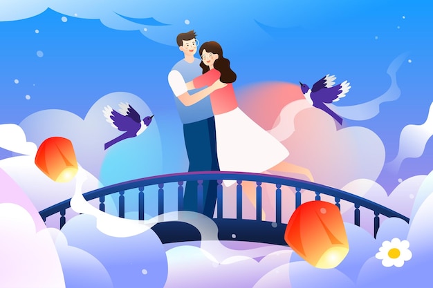 Tanabata valentine's day cowherd and weaver girl magpie bridge meeting love characters illustration