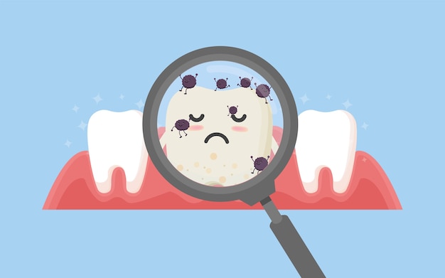 Vector tand met vergrootglas. tandheelkunde schone witte tand en tandheelkunde instrumenten. mondhygiëne, tanden poetsen., illustratie