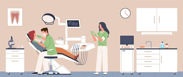 Tandarts kantoor Dokter ziet patiënt tandheelkundige behandeling in de stoel moderne stomatologie assistent bereidt anesthesie kliniek interieur tanden zorg hedendaagse vector cartoon plat concept
