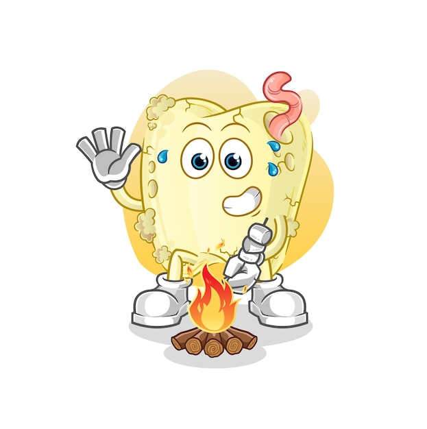 Tandbederf roosteren marshmallows. cartoon mascotte vector