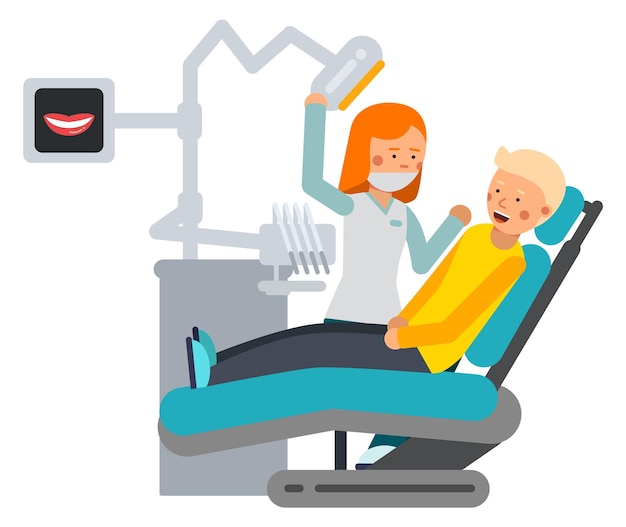 Vector tandbehandeling in de tandartskamer patiënt zit in een stoel geïsoleerd op een witte achtergrond