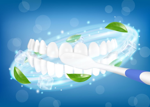 Tanden poetsen Tandenborstel schoonmaken witte gezonde tanden Stomatologische procedure mondgezondheid Tand bescherming cariës preventie tandheelkundige kliniek service hygiëne routine Realistische 3D-vector banner