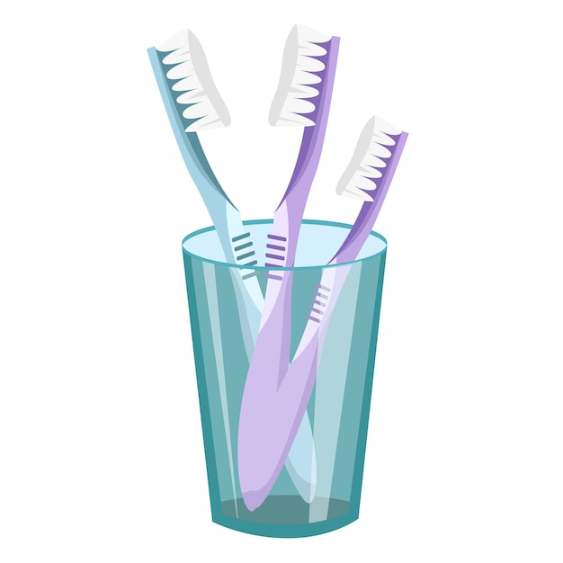 Vector tandenborstel en beker icon set familie roze blauw groen oranje set in een glazen beker.