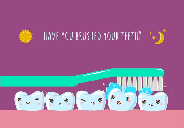 Tandenborstel poetsen lachende tanden karakters in de mond Tanden poetsen binnen mond weergave
