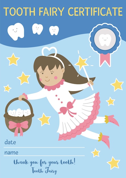 Tandenfeecertificaat voor verloren tanden. leuk vectordocument voor kinderen. grappige kaartsjabloon met kawaii fantasie prinses. tandzorg foto voor kinderen. tandarts babykliniek clipart