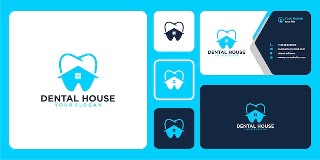 tandheelkundig logo-ontwerp met huis en visitekaartje