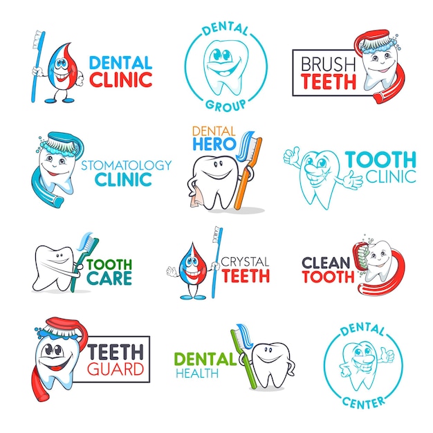 Tandheelkundige kliniek cartoon tand en tandenborstel pictogrammen