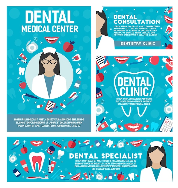 Vector tandheelkundige kliniek en tandheelkunde arts vectoraffiches