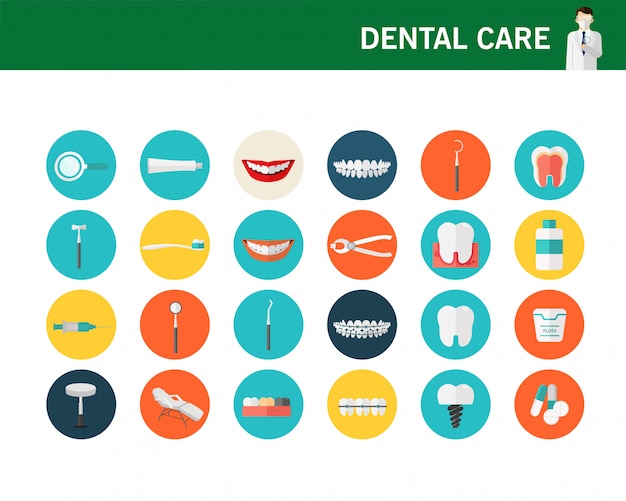 Tandheelkundige zorg concept plat pictogrammen.