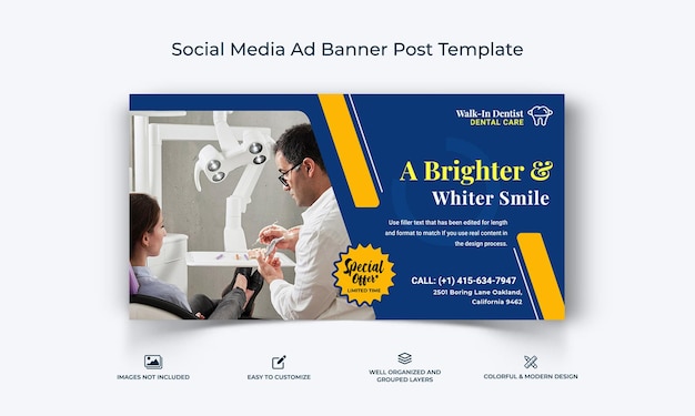 Tandheelkundige zorg Tandarts sociale media facebook advertentie banner post sjabloon premium vector