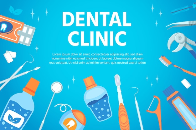 Tandkliniekposter met hulpmiddelen voor stomatologische en tandenhygiëne. platte banner voor tandartskabinet met professioneel instrument vectorontwerp. tandpasta en tandenborstel, tandzijde en apparatuur