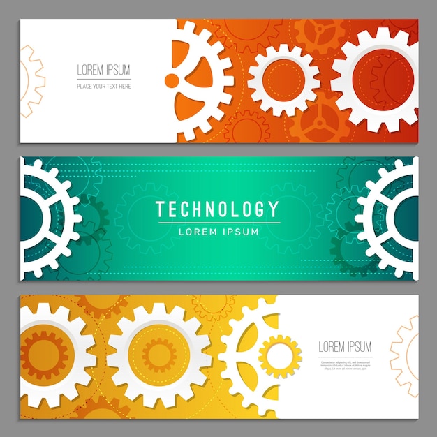 Vector tandwielen banners. abstracte achtergrond met versnellingen machines industrie onderdelen vector koptekst sjablonen. illustratie tandrad mechanische industriële en technische banner