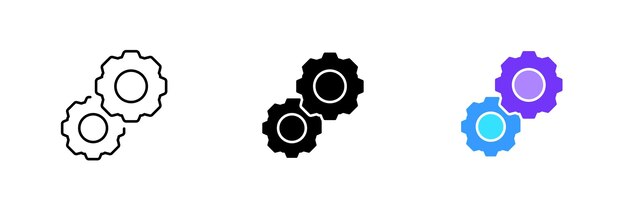 Tandwielen Mechanisme werk engineering ontwerp bouw software ontwikkeling technologie ingenieur Vector ingesteld pictogram in zwarte en kleurrijke lijnstijlen geïsoleerd op witte achtergrond