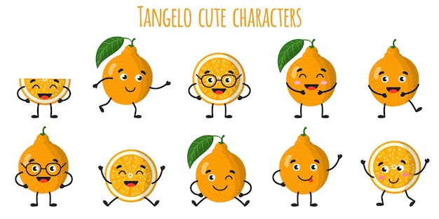 Tangelo 감귤류 과일 다른 포즈와 감정을 가진 귀여운 재미 쾌활한 캐릭터. 천연 비타민 항산화 해독 식품 수집. 만화 격리 된 그림입니다.
