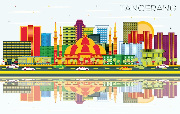 Tangerang Indonesia City Skyline with Color Buildings Blue Sky and Reflections