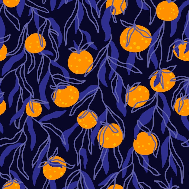 Vector tangerine branches seamless pattern summer citrus fruits vector trendy handdrawn background