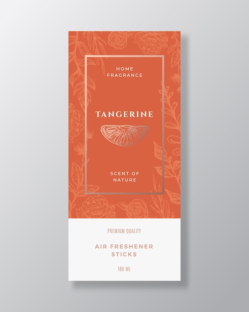 Tangerine home fragrance abstract vector label template hand drawn sketch flowers leaves background and retro typography premium room perfume packaging design layout realistic mockup