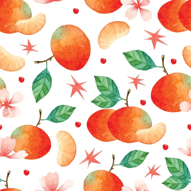 Vector tangerine and pink sakura flowers watercolor seamless pattern