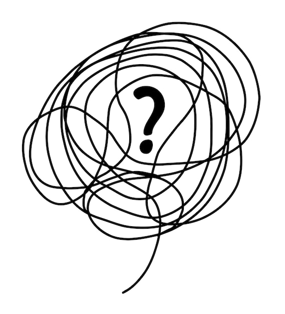 Vector tangle bubble of confused thoughts with question mark llinear doodle