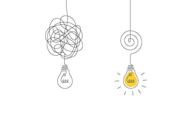 Tangled and scribble wires with light bulbs in One continuous line drawing Concept of complex problem solving process and Clarifying idea in simple linear style Doodle Vector illustration