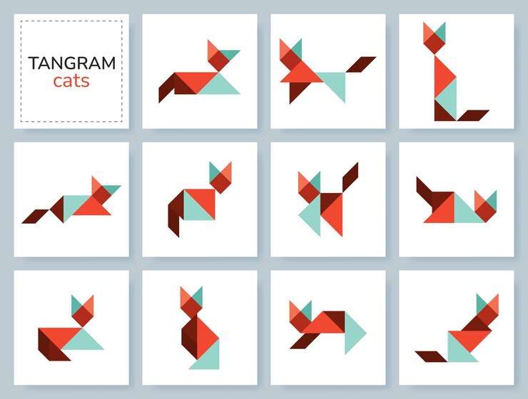 Tangram puzzle game for kids Colorful geometric collection with isolated cats in various poses