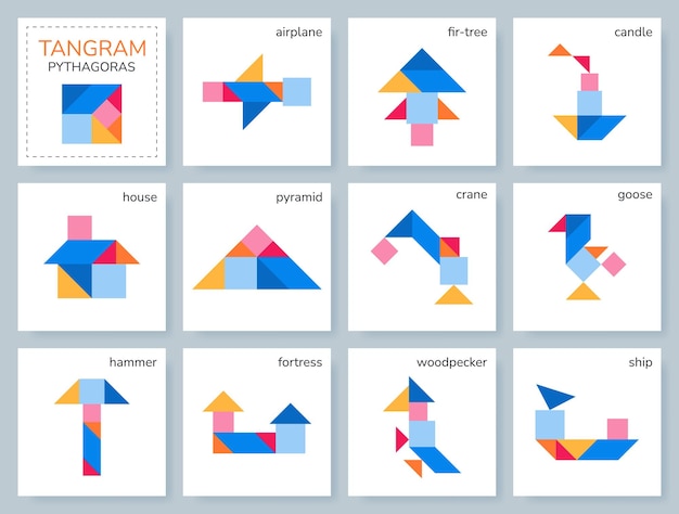 Gioco di puzzle tangram per bambini collezione geometrica colorata con oggetti isolati pitagora