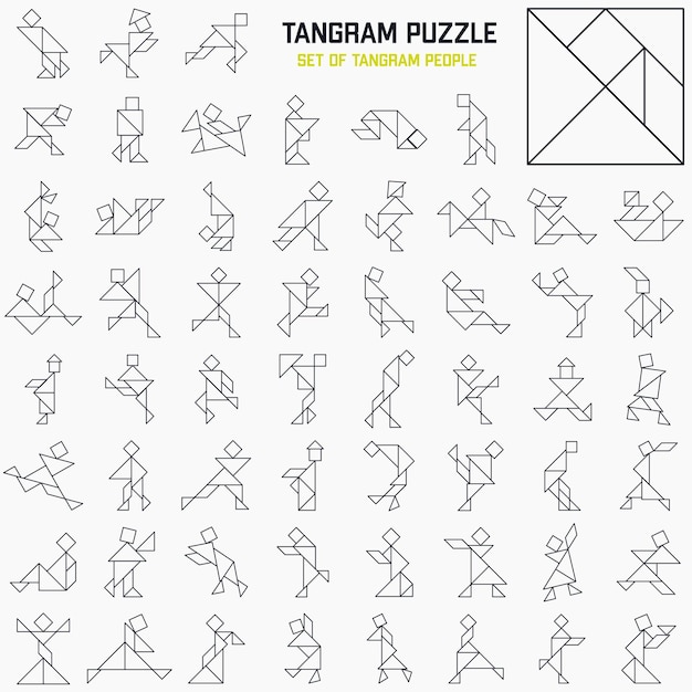 Tangram puzzle game. Tangram line with people in various poses. Isolated icons set.