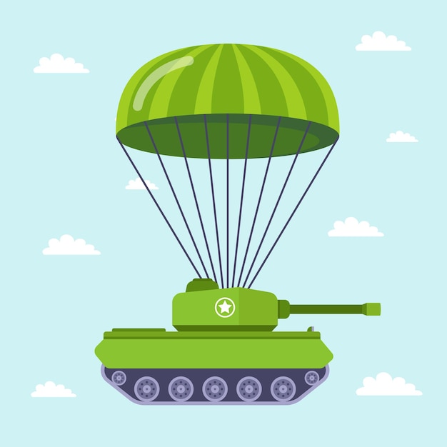 Tank flies by parachute on the battlefield.