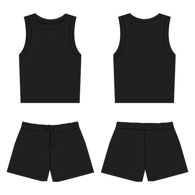 Tank tops with shorts vector illustration black color template front and back views