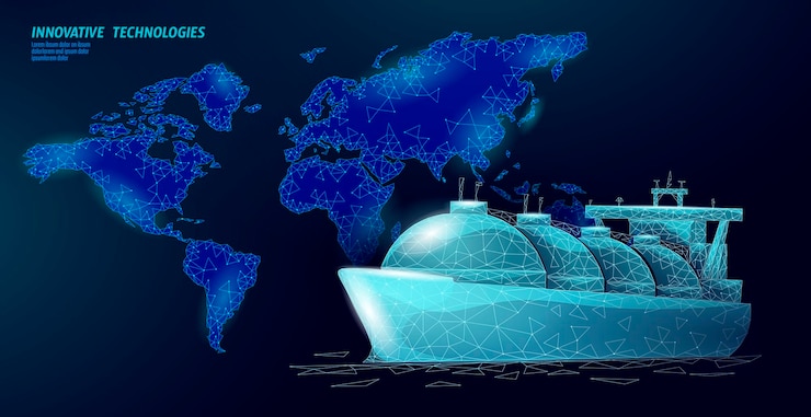 Vector tanker ship liquified gas transportation symbol d low poly industrial oil refinery technology
