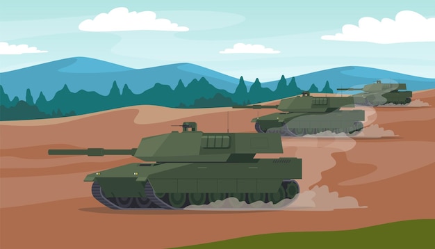 Tanks op het oefenterrein Militaire tanks gepantserde voertuigen Voertuigen beschermd door bepantsering en wapens Technivka voor het voeren van oorlog Vector illustratie