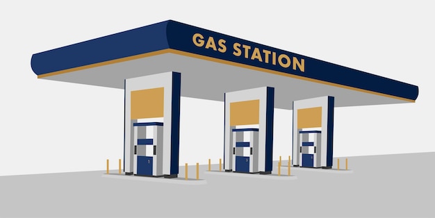 Tankstation illustratie gaskolommen servicegebouw in perspectief in blauw en goudbruin
