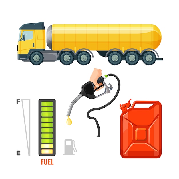 Tankwagenpictogrammen, benzinemateriaal en benodigdheden.