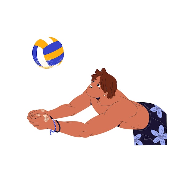 tanned boy in swimsuit plays beach volleyball happy young man reaches hands to volley hit ball person have fun with sport game on coast in summer flat isolated vector illustration on white