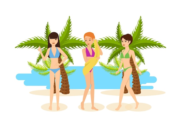 Vettore ragazze abbronzate in bikini riposano durante una vacanza al mare