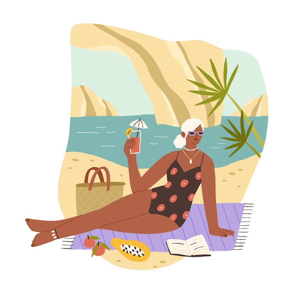 Tanned woman drinking cocktail and sunbathing on sandy beach at sea resort. Relaxing in solitude. Leisurely holiday and slow life concept. Colored flat vector illustration isolated on white background