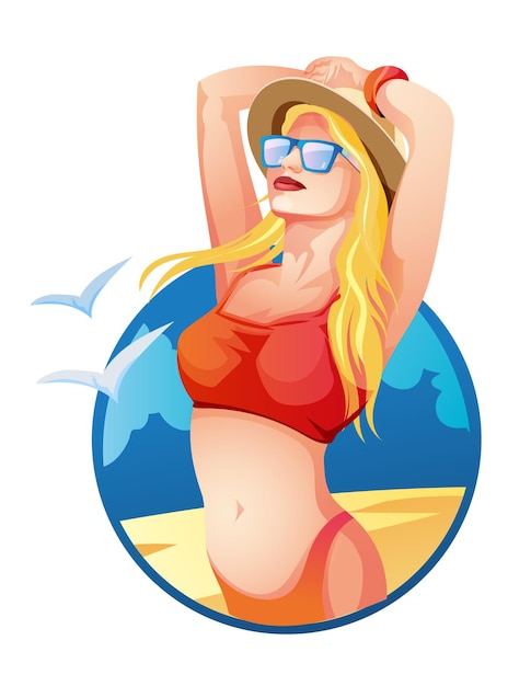 Vector tanned young smiling blonde girl in bikini, sunglasses and hat with hands behind her head on the beach.