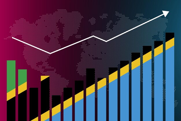 浮き沈みのあるタンザニアの棒グラフ グラフ、値の増加、棒グラフ上のタンザニアの国旗