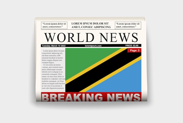 Флаг национальной газеты Танзании, последние новости в информационном бюллетене, заголовок страницы газеты новостей
