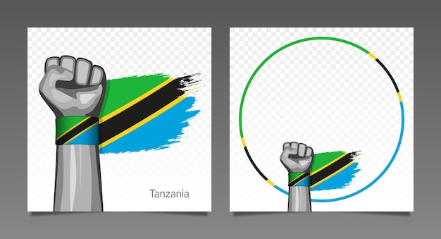 Tanzania bandiera grunge vittoria patriottica telaio banner set mano alzata in aria giorno dell'indipendenza
