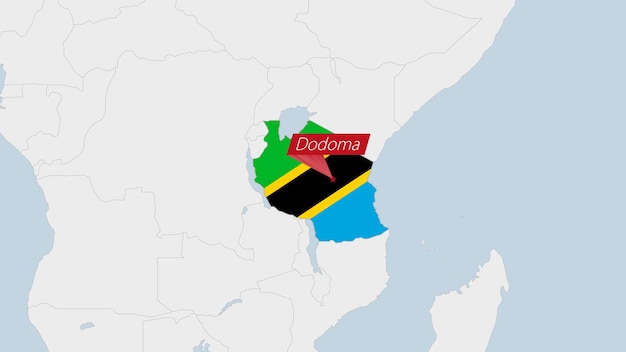 タンザニアの国旗の色と国の首都ドドマのピンで強調表示されたタンザニアの地図