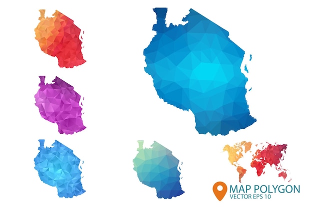 Vector tanzania map set of geometric rumpled triangular low poly style gradient graphic background