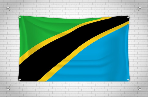 Tanzania vlag opknoping op bakstenen muur. 3D-tekening. Vlag aan de muur bevestigd. Netjes tekenen in groepen