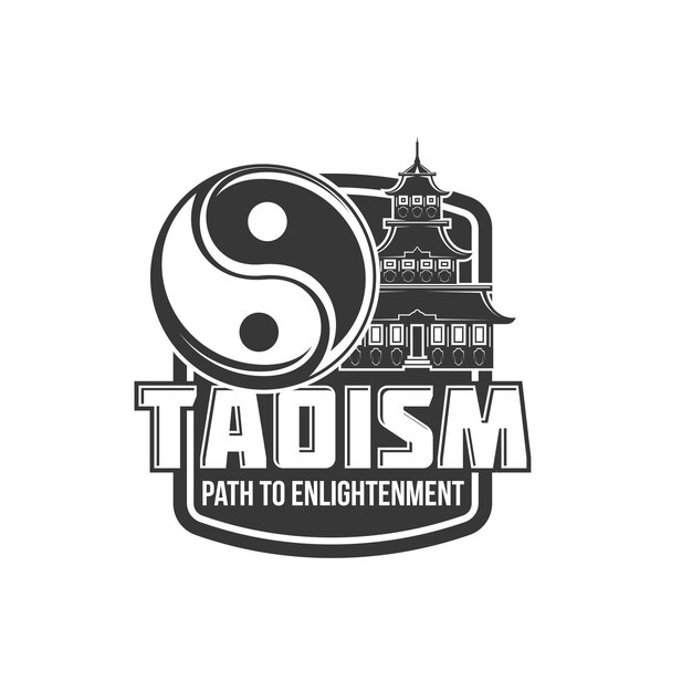 Taoism religion icon of temple pagoda and Yin Yang sign vector Chinese Daoism shrine Tao or Dao and Daoshi Buddhism religious worship and path to enlightenment Buddhist temple shrine and yinyan