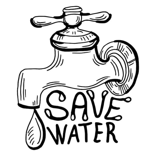 Vector tap drop, save water save life, hand drawn sketch vector illustration.