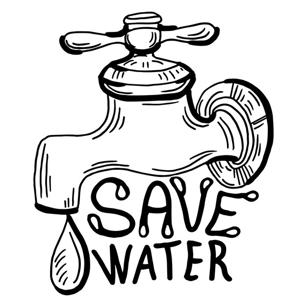 Vector tap drop, save water save life, hand drawn sketch vector illustration.