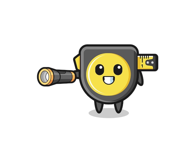 Tape measure mascot holding flashlight  cute design
